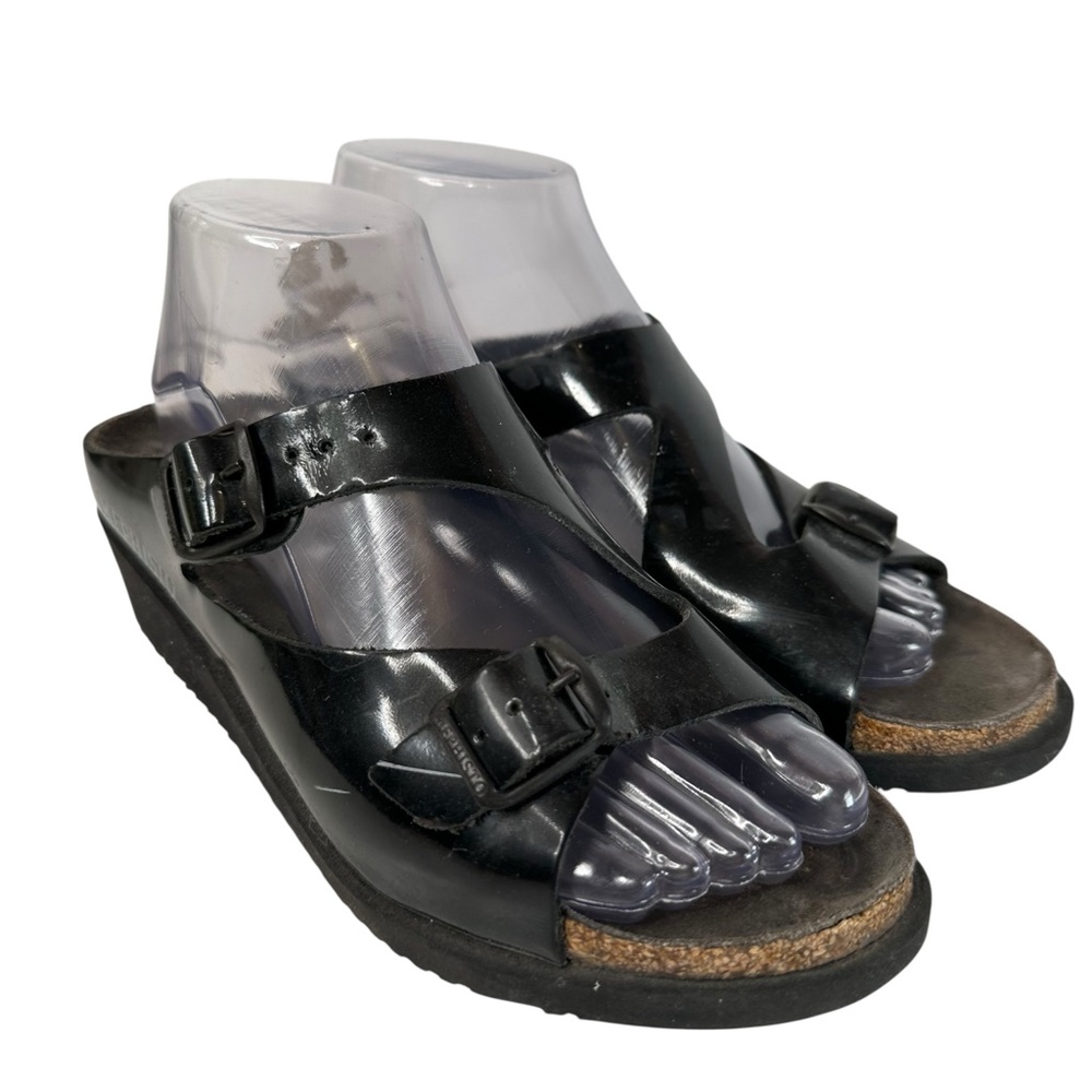 Mephisto Chic Elka Black Patent Leather Strappy Slide Wedge Sandals EU 39 Womens